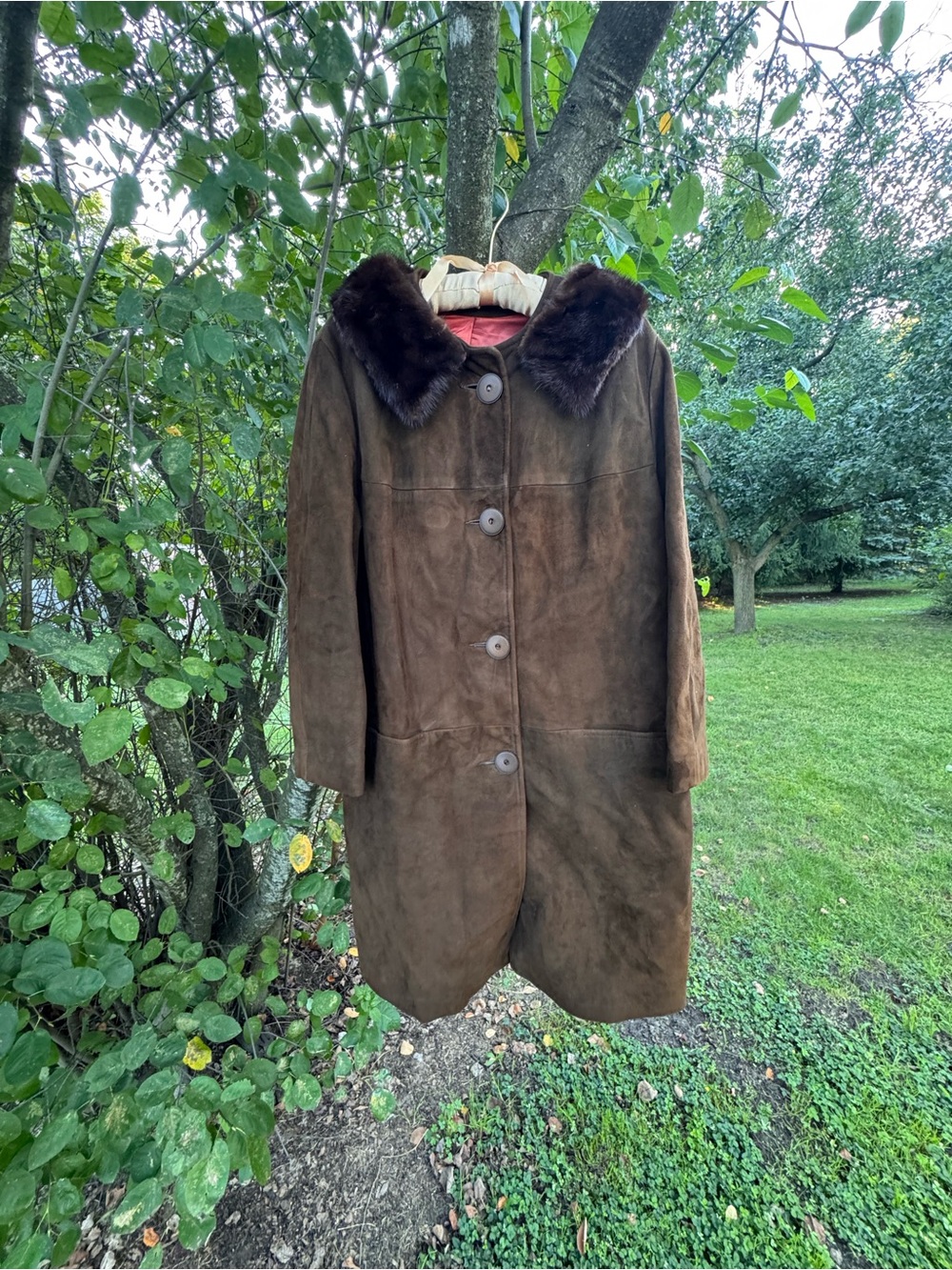 Classic Brown Suede Coat with Fur Collar